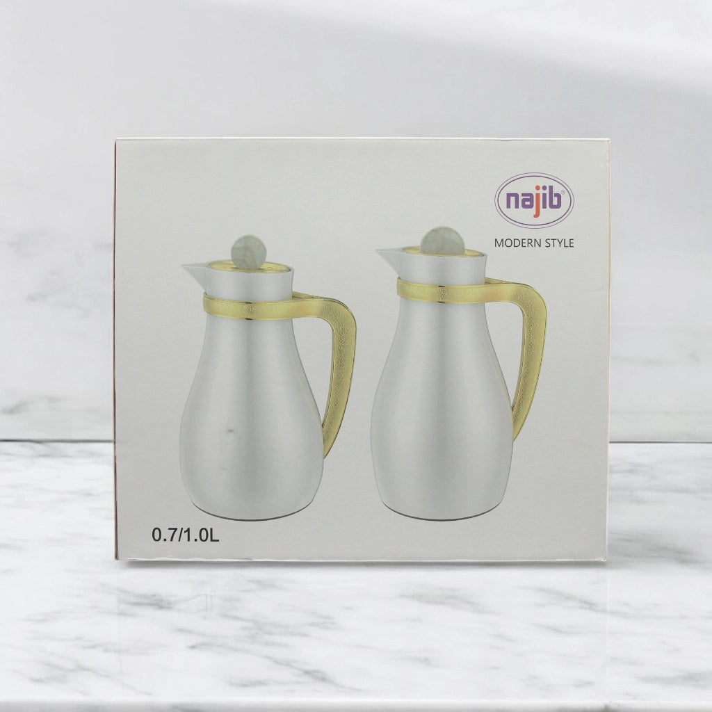 Najib Vacuum Flask Set – 0.7L + 1.0L Modern Thermal Flasks | Rust-Resistant Body | 12H Hot / 24H Cold | Push Button Lid | Non-Asbestos Pink Glass Liner | Durable Comfortable Handle - Damoo