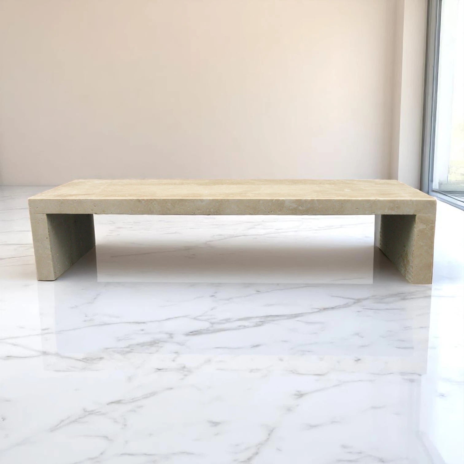 Natural Travertine Stone Display Riser – Long Rectangular Shelf Stand for Vanity, Kitchen & Decor Styling - Damoo