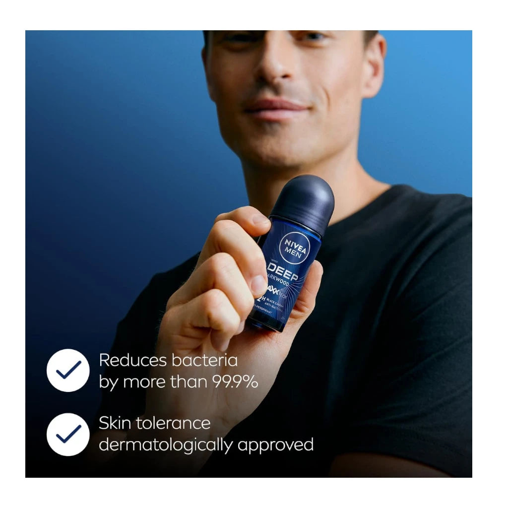 NIVEA MEN Antiperspirant Roll-On Deodorant for Men, DEEP Black Carbon, 72H Sweat & Odour Protection, No Residue, 50ml - Damoo