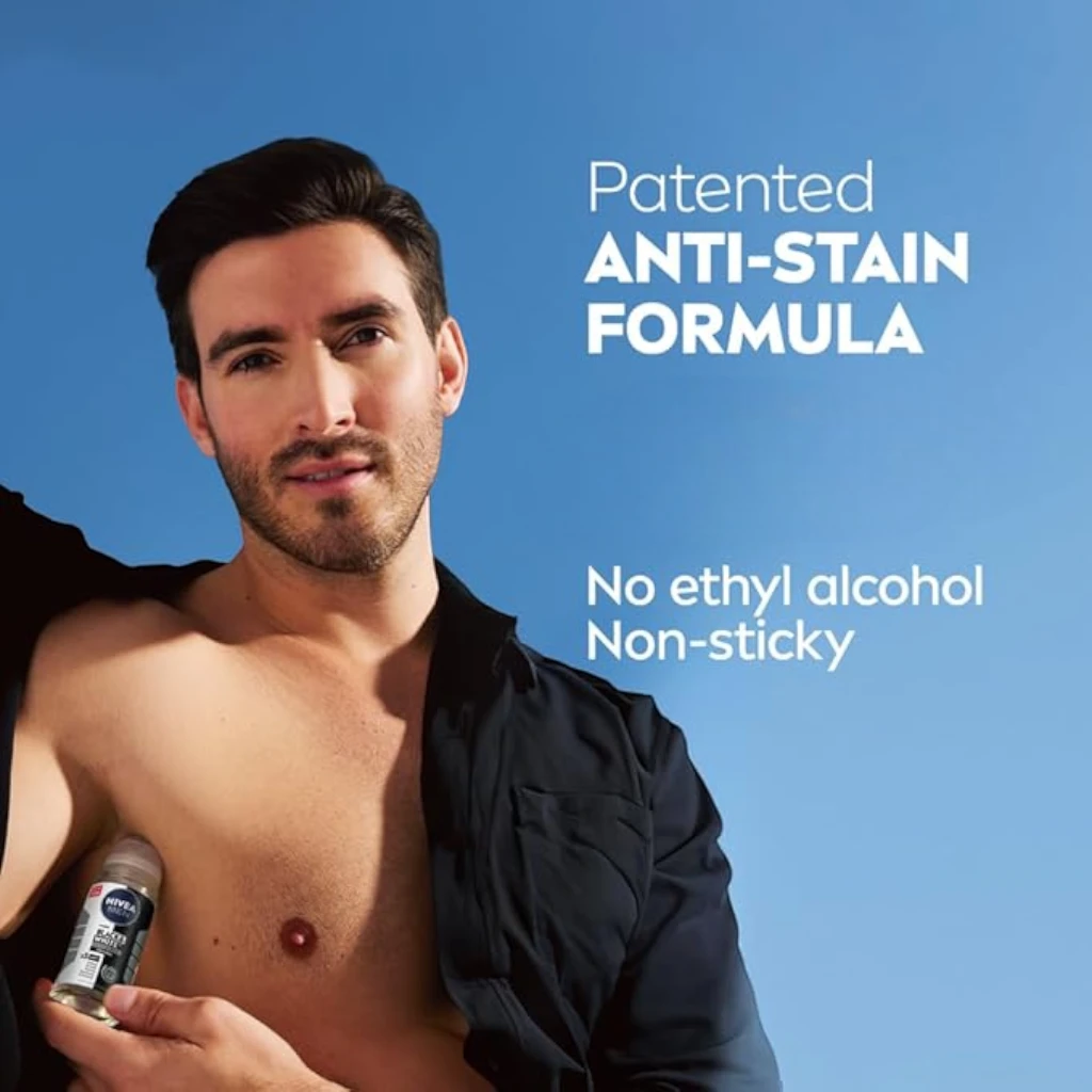 NIVEA Men Black & White Invisible Original Roll-On Antiperspirant – 48H Protection, No White Marks or Yellow Stains, Alcohol-Free, 50ml - Damoo