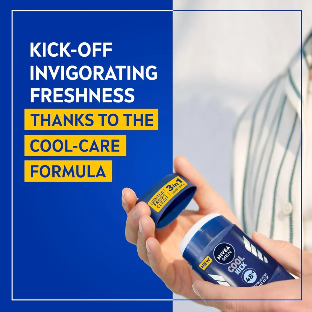 NIVEA MEN Cool Kick 3 in 1 Deodorant Stick 50ml – 48h Antiperspirant Protection with Fresh Scent & Cool-Care Formula, Alcohol-Free - Damoo