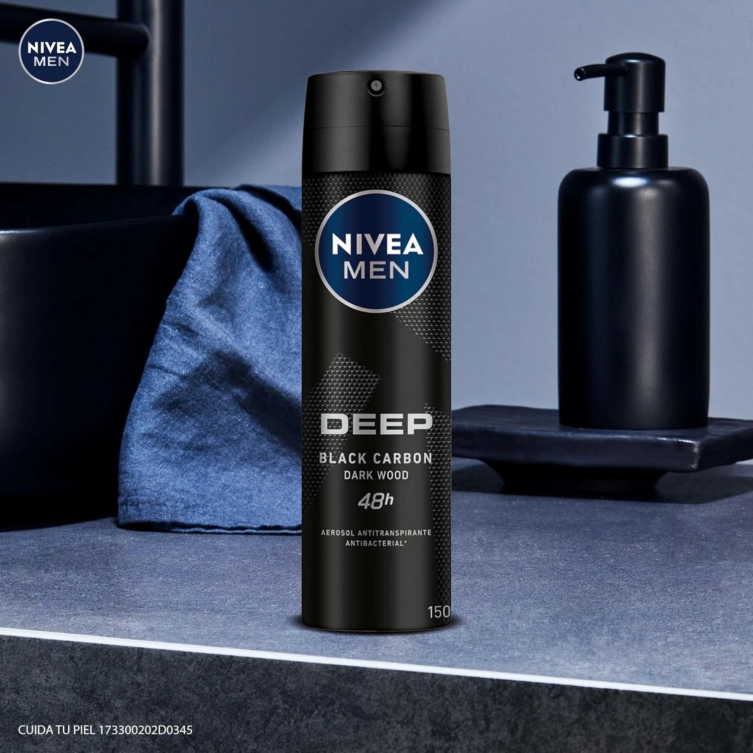 NIVEA MEN Deep Black Carbon Antibacterial Deodorant Spray 150ml – 48H Protection with Charcoal, No Residue - Damoo