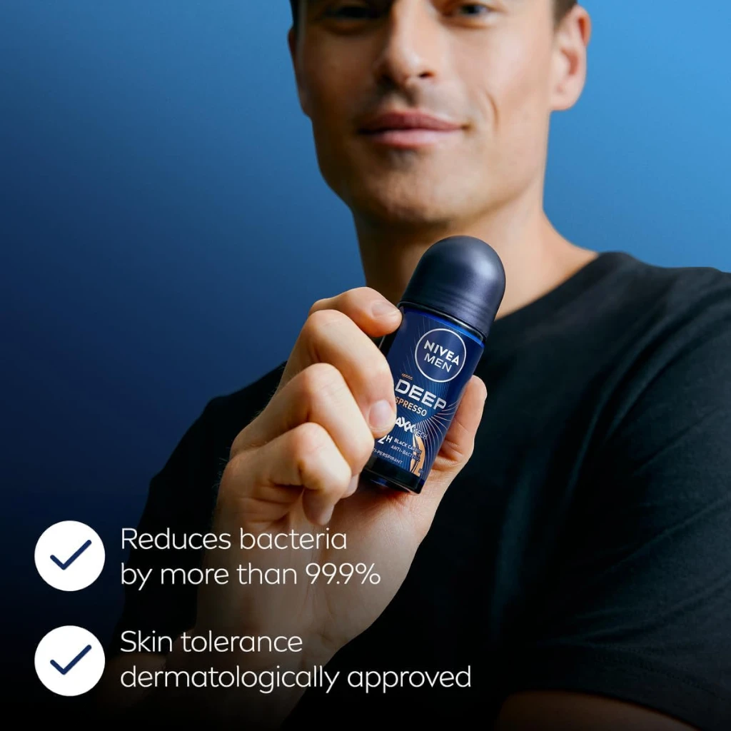 NIVEA MEN Deep Black Carbon Antiperspirant Roll-on for Men 50ml, 48H Sweat & Odour Protection, Antibacterial Formula, Espresso Scent - Damoo