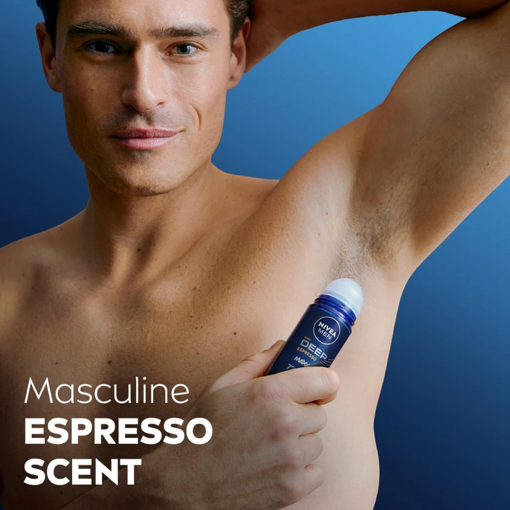 NIVEA MEN Deep Black Carbon Antiperspirant Roll-on for Men 50ml, 48H Sweat & Odour Protection, Antibacterial Formula, Espresso Scent - Damoo