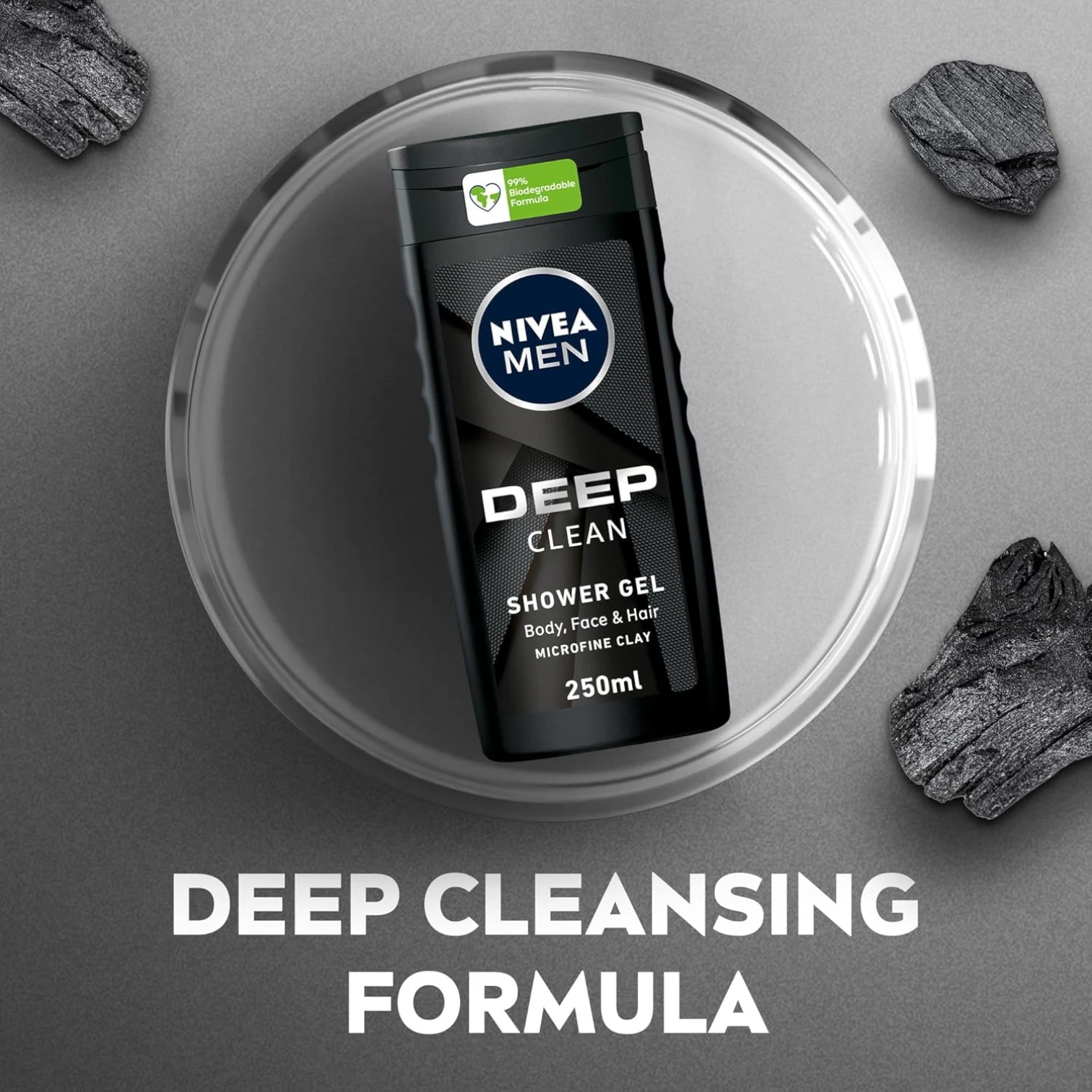 NIVEA Men Deep Clean Shower Gel with Microfine Clay 250ml– Body, Face & Hair Wash, Deep-Cleansing & Refreshing - Damoo