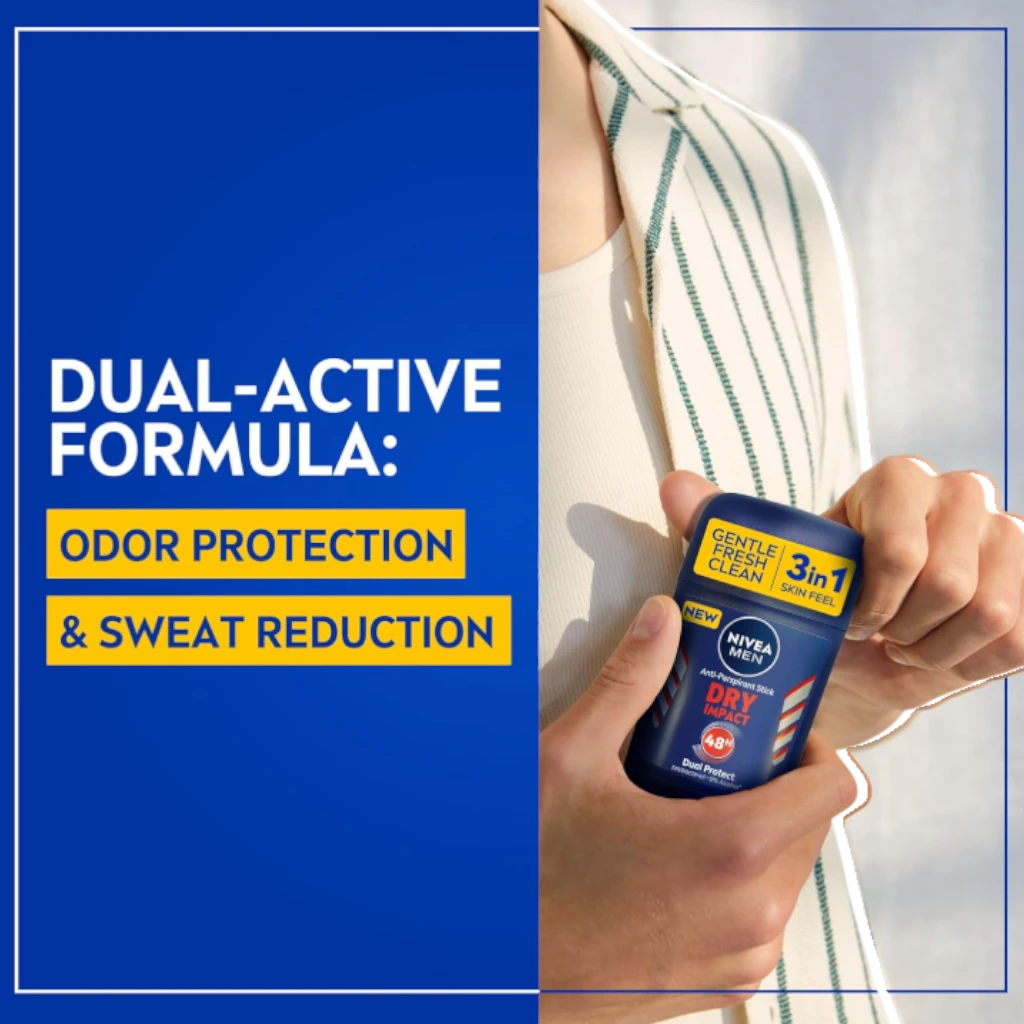 NIVEA MEN Dry Impact 3 in 1 Antiperspirant Stick 50ml – 48h Sweat & Odor Protection, Alcohol-Free, Light Masculine Scent - Damoo