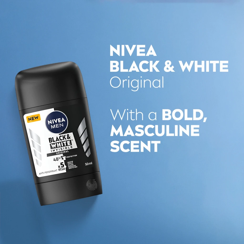 NIVEA MEN Invisible Black & White Deodorant Stick 50ml - 48H Antiperspirant Protection, Anti-Stain Formula, Alcohol-Free, Fresh Masculine Scent - Damoo