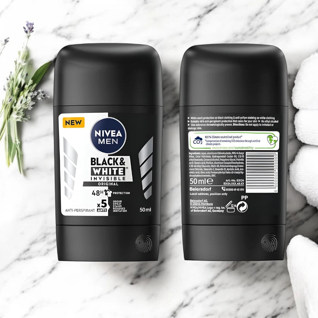 NIVEA MEN Invisible Black & White Deodorant Stick 50ml - 48H Antiperspirant Protection, Anti-Stain Formula, Alcohol-Free, Fresh Masculine Scent - Damoo