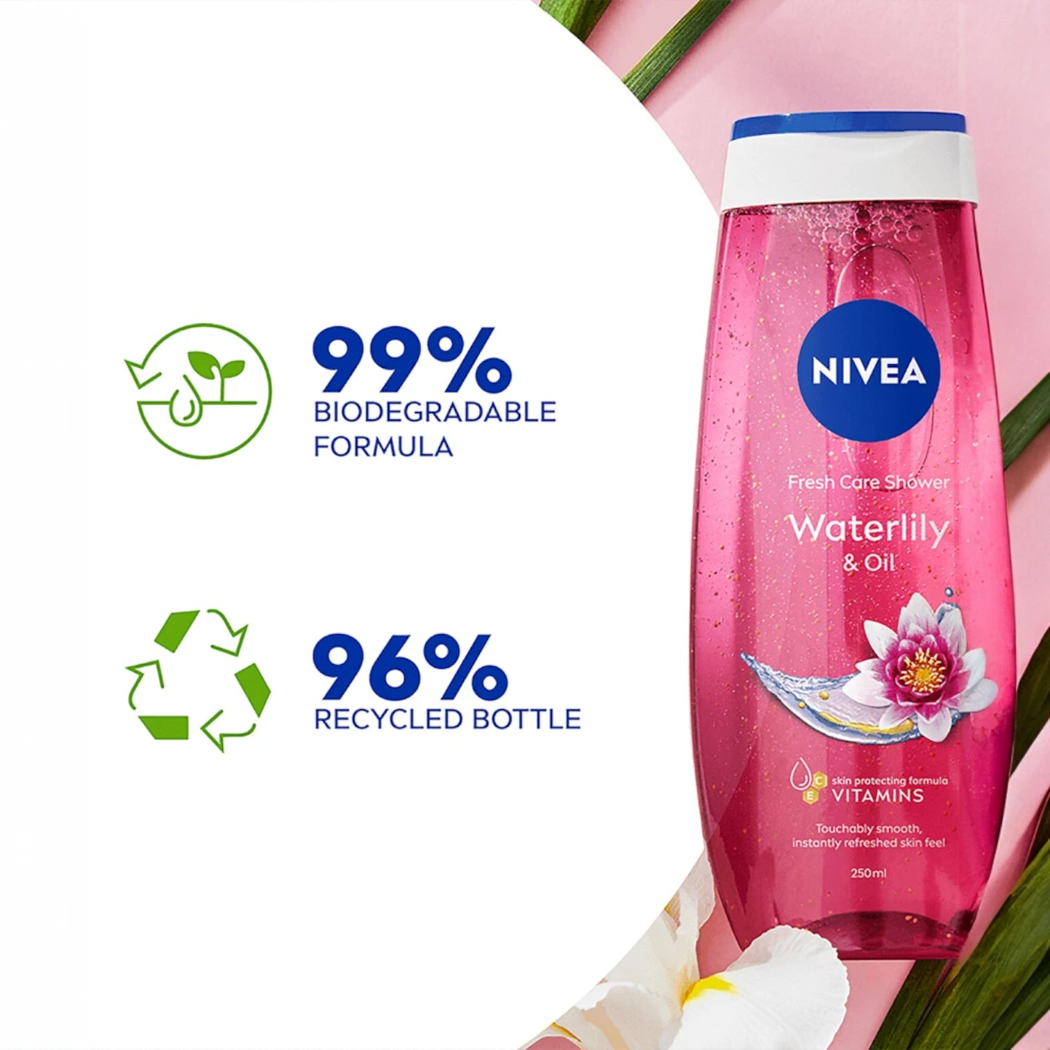 NIVEA Waterlily & Oil Shower Gel for Women – 250ml | pH Balanced Body Wash with Nourishing Oil Beads, Vitamin C & E | Moisturizing, Refreshing Floral Fragrance, Skin-Friendly & Biodegradable Formula - Damoo