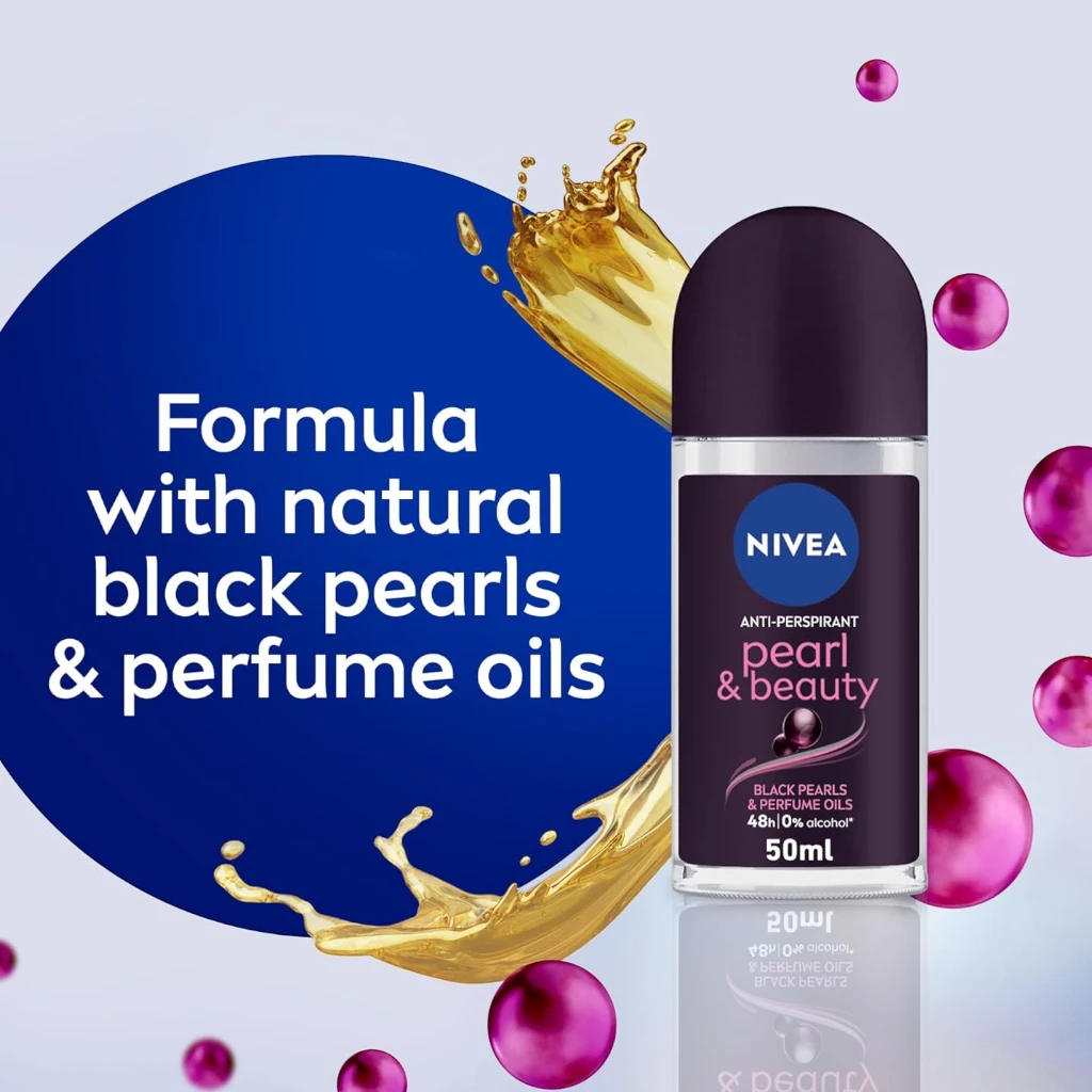 NIVEA Women Pearl & Beauty Black Pearl Roll-On Antiperspirant Deodorant 50ml – 48H Protection, Alcohol-Free - Damoo