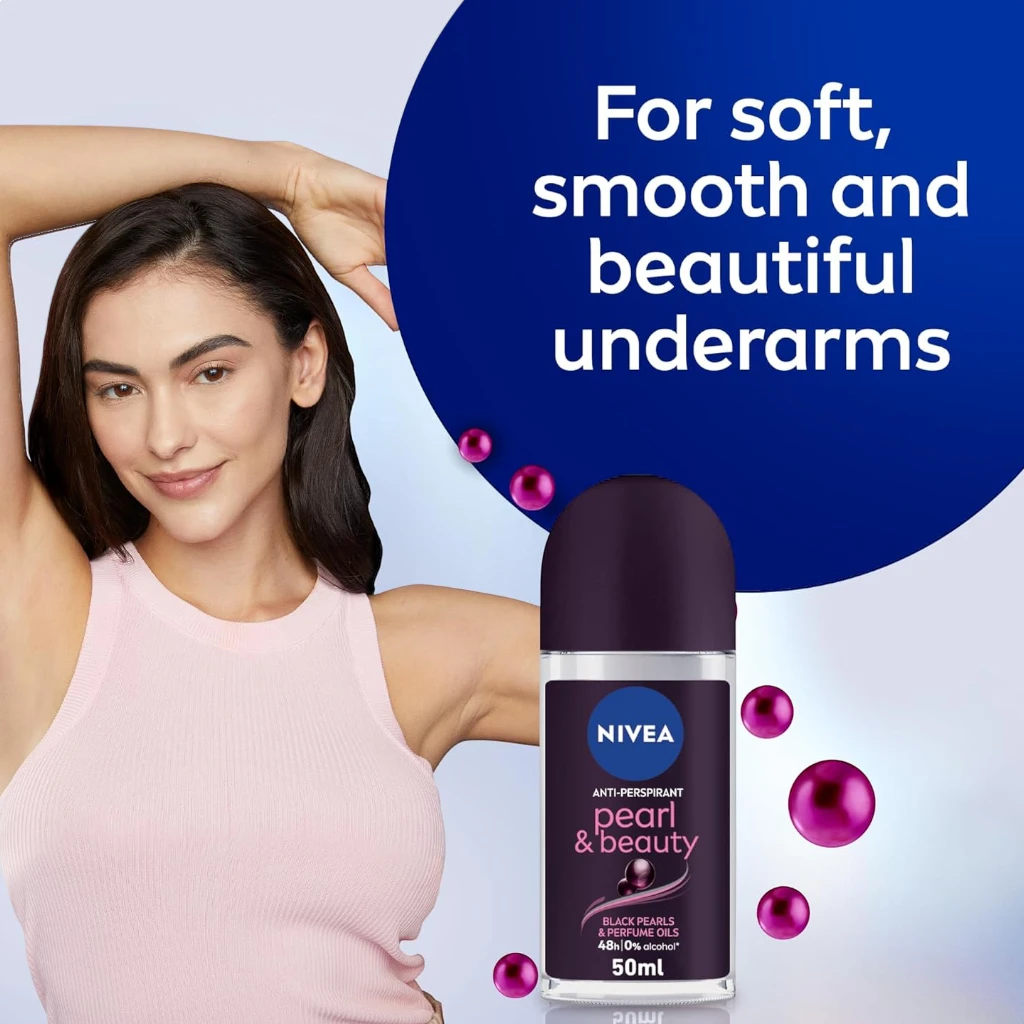 NIVEA Women Pearl & Beauty Black Pearl Roll-On Antiperspirant Deodorant 50ml – 48H Protection, Alcohol-Free - Damoo