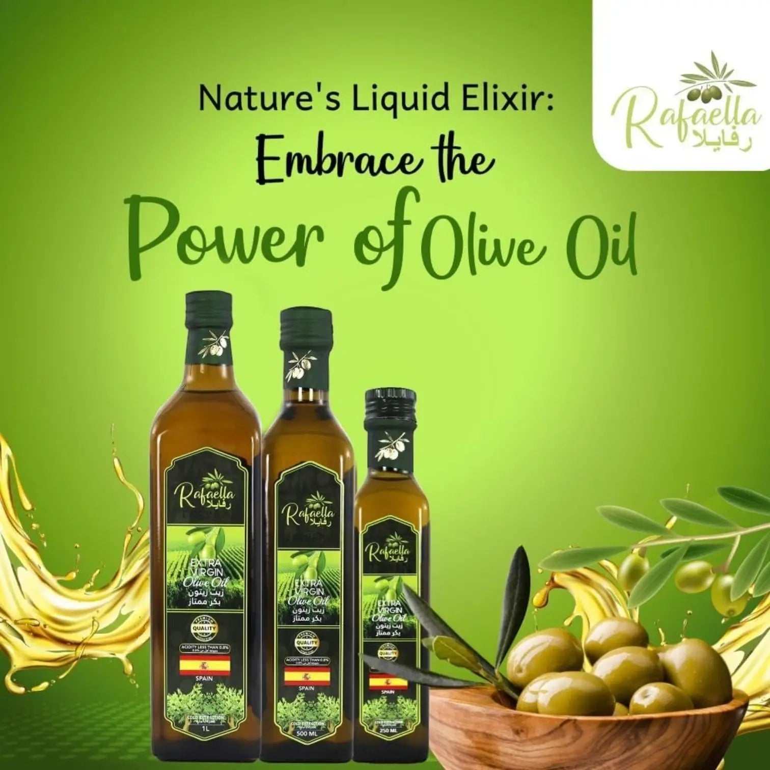 Rafaella Extra Virgin Olive Oil 250ml – Cold Extracted, Less Than 0.8% Acidity, Robust Fruity Flavor, Premium Dark Glass Bottle - Damoo