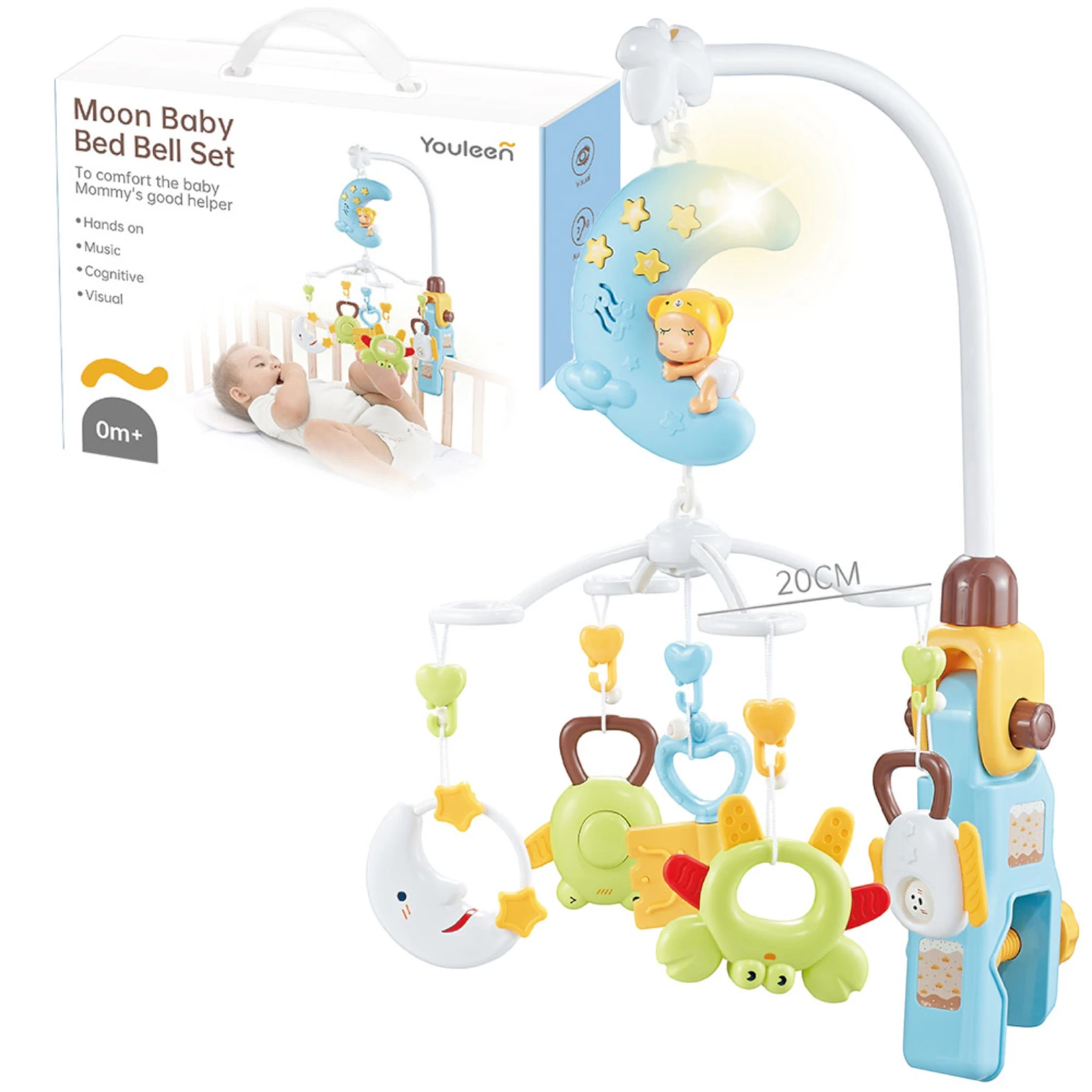 Youleen Moon Baby Bed Bell Set – Musical Carousel with Lights & Hanging Toys | Crib Mobile for Newborns 0M+ with Music & Visual Stimulation - Damoo