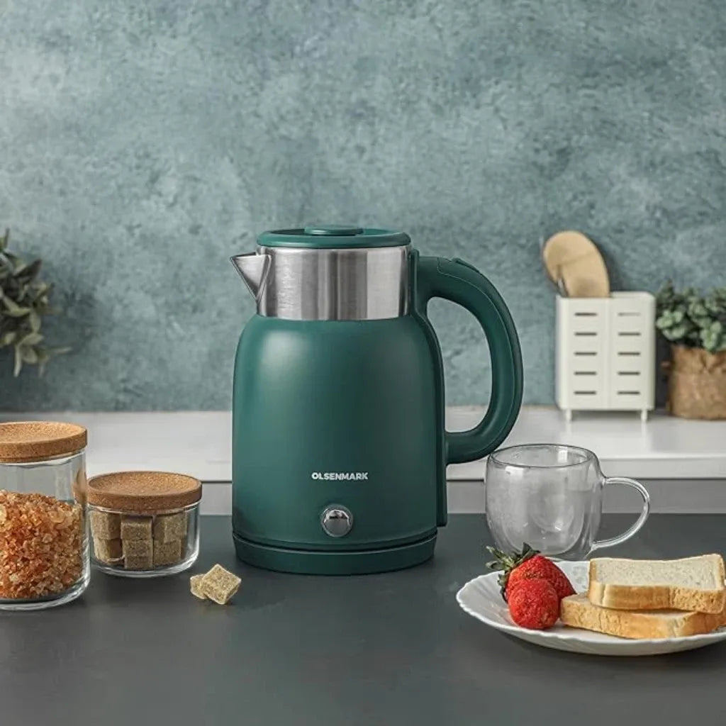 Olsenmark 1.5L Double Layer Electric Kettle OMK7027 – 1500W Stainless Steel Cool-Touch Kettle with 360° Rotating Base, Auto Shut-Off, Overheat & Boil-Dry Protection – Green - Damoo