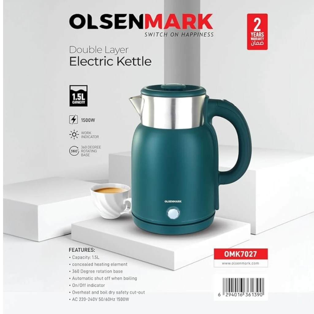 Olsenmark 1.5L Double Layer Electric Kettle OMK7027 – 1500W Stainless Steel Cool-Touch Kettle with 360° Rotating Base, Auto Shut-Off, Overheat & Boil-Dry Protection – Green - Damoo