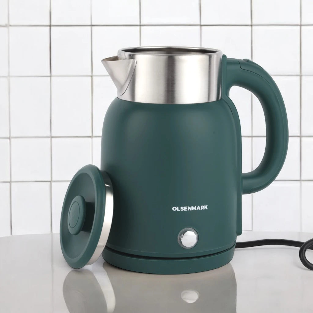 Olsenmark 1.5L Double Layer Electric Kettle OMK7027 – 1500W Stainless Steel Cool-Touch Kettle with 360° Rotating Base, Auto Shut-Off, Overheat & Boil-Dry Protection – Green - Damoo