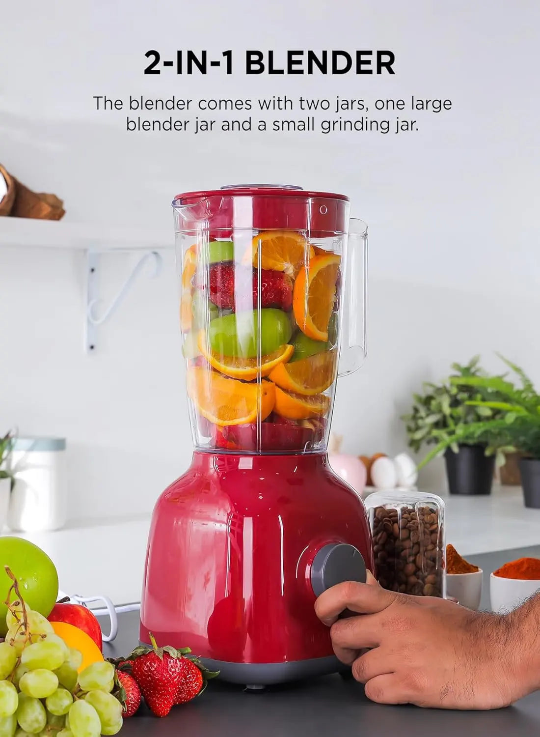 Olsenmark 2-in-1 Blender & Grinder OMSB2362N, 650W Powerful Motor, 1.8L Jar, Stainless Steel Blades, Pulse Function, Unbreakable Jars – Red - Damoo