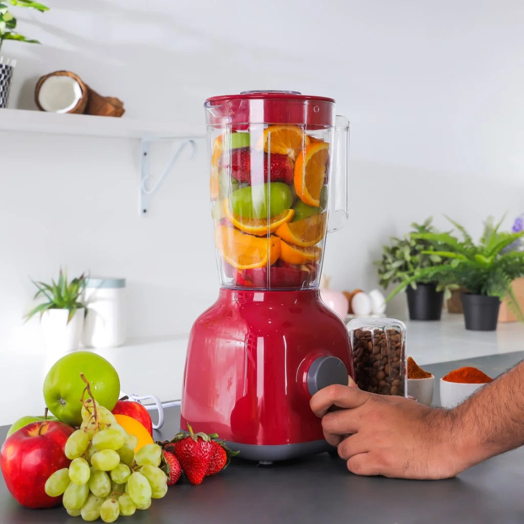 Olsenmark 2-in-1 Blender & Grinder OMSB2362N, 650W Powerful Motor, 1.8L Jar, Stainless Steel Blades, Pulse Function, Unbreakable Jars – Red - Damoo