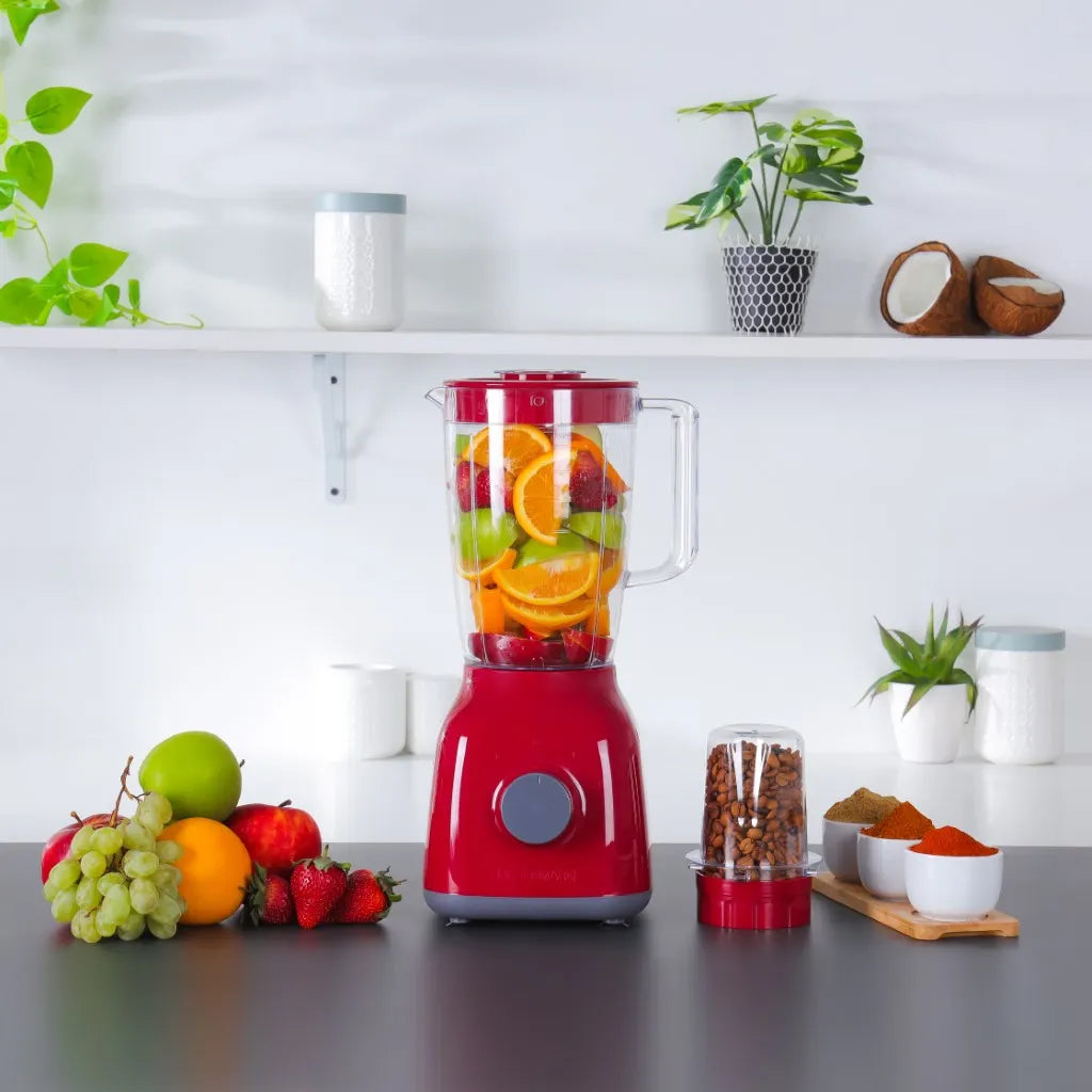 Olsenmark 2-in-1 Blender & Grinder OMSB2362N, 650W Powerful Motor, 1.8L Jar, Stainless Steel Blades, Pulse Function, Unbreakable Jars – Red - Damoo