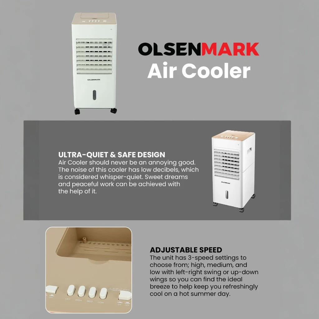Olsenmark 3-in-1 Portable Air Cooler – Air Purifier, Humidifier & Cooling Fan | 6L Water Tank, Ice Packs, Adjustable Speed, Quiet Operation, Heater Function, 65W - OMAC1783 – White - Damoo