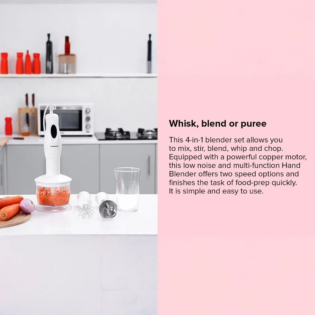 Olsenmark 4-in-1 Hand Blender Set – 250W Powerful Copper Motor, 500ml Chopper, Cup & Whisk Attachments, 2-Speed Control, Stainless Steel Blades, ABS Body – OMHB2353 –White - Damoo