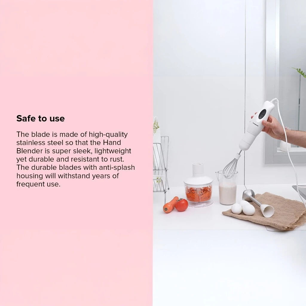 Olsenmark 4-in-1 Hand Blender Set – 250W Powerful Copper Motor, 500ml Chopper, Cup & Whisk Attachments, 2-Speed Control, Stainless Steel Blades, ABS Body – OMHB2353 –White - Damoo