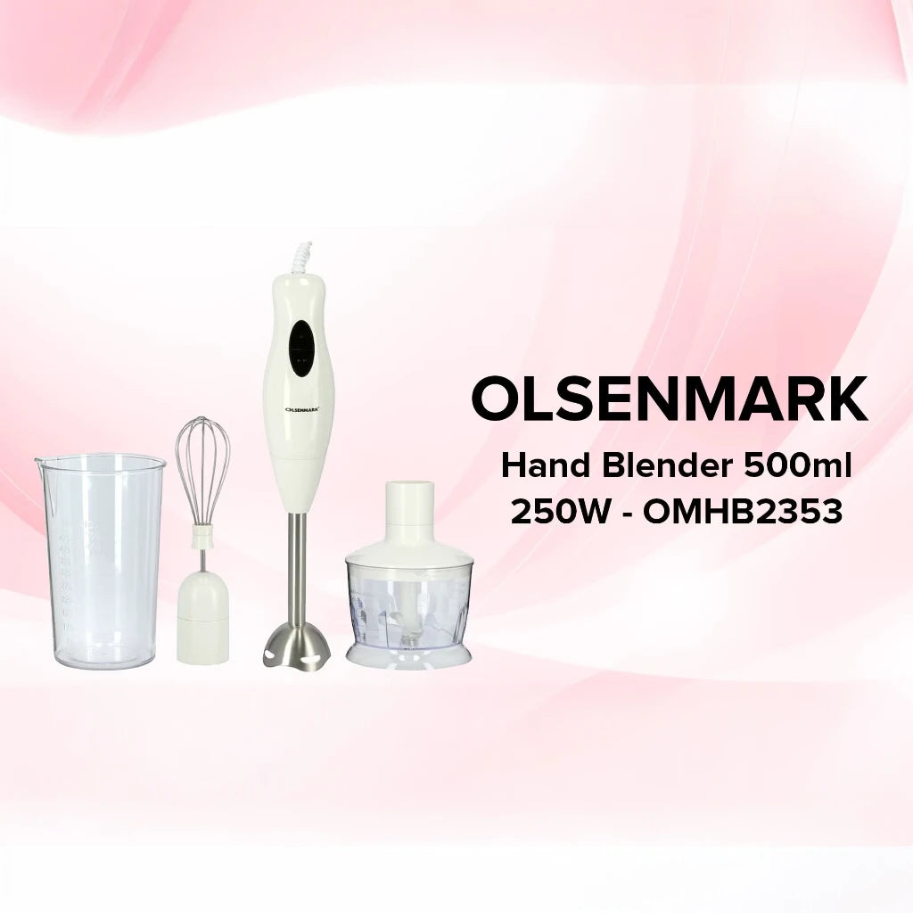 Olsenmark 4-in-1 Hand Blender Set – 250W Powerful Copper Motor, 500ml Chopper, Cup & Whisk Attachments, 2-Speed Control, Stainless Steel Blades, ABS Body – OMHB2353 –White - Damoo