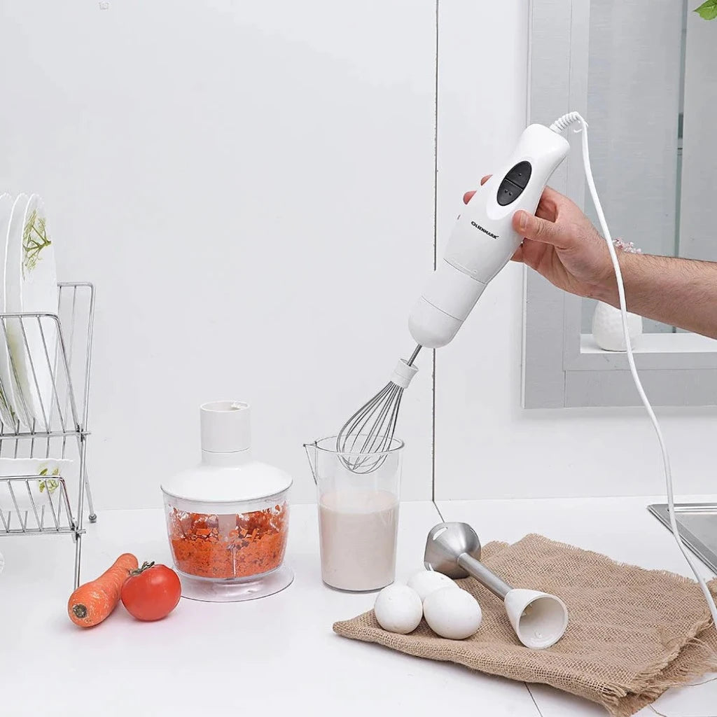 Olsenmark 4-in-1 Hand Blender Set – 250W Powerful Copper Motor, 500ml Chopper, Cup & Whisk Attachments, 2-Speed Control, Stainless Steel Blades, ABS Body – OMHB2353 –White - Damoo