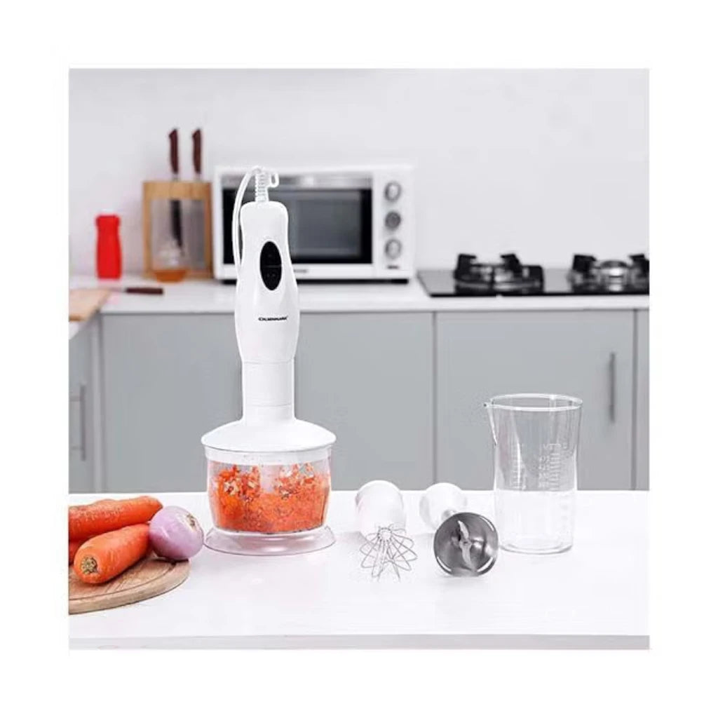 Olsenmark 4-in-1 Hand Blender Set – 250W Powerful Copper Motor, 500ml Chopper, Cup & Whisk Attachments, 2-Speed Control, Stainless Steel Blades, ABS Body – OMHB2353 –White - Damoo