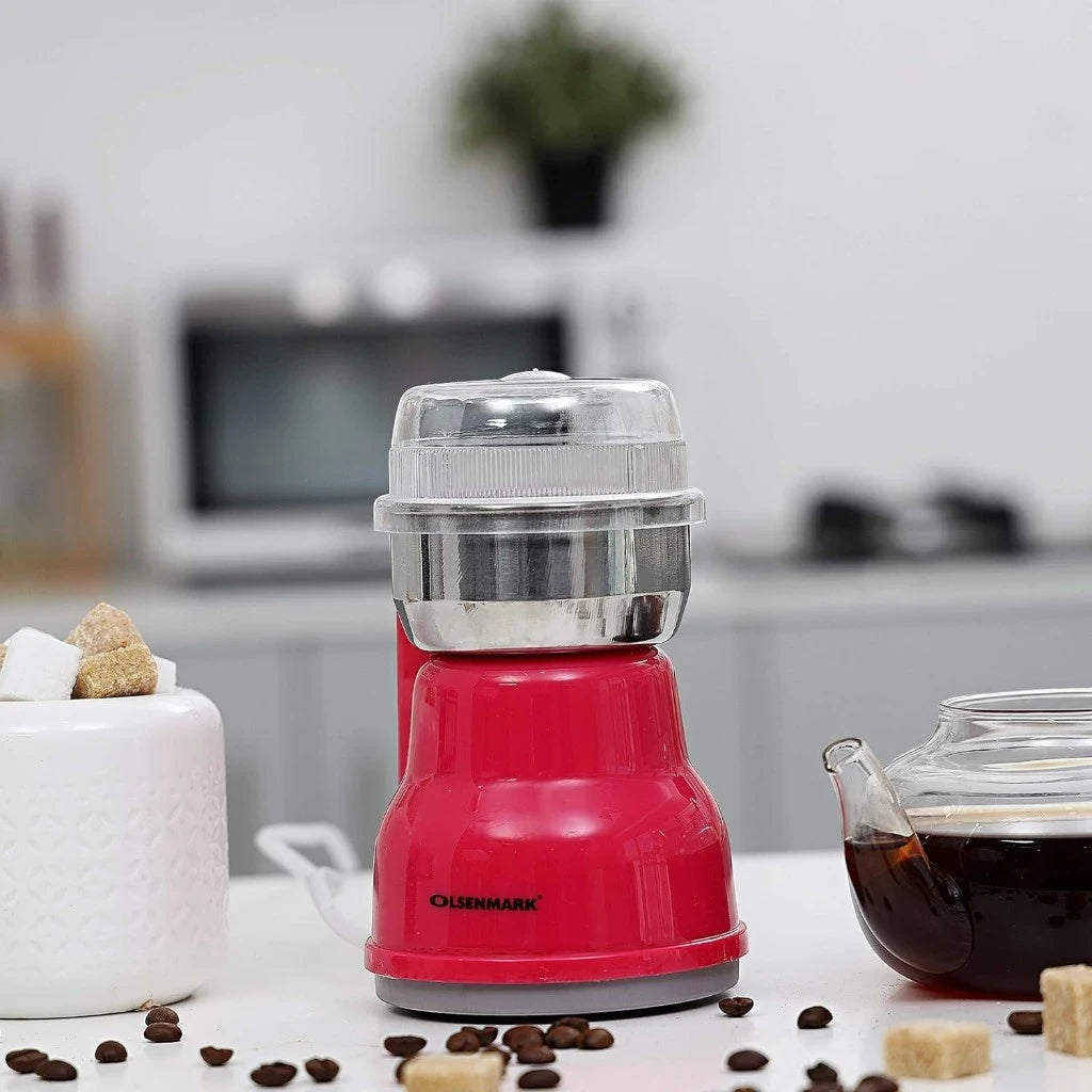 Olsenmark Electric Coffee Grinder – 200W Stainless Steel Blade & Bowl, Detachable Grinding Cup, Multi-Use Grinder for Coffee, Spices, and Dried Fruits – Pink/Silver - OMCG2389 - Damoo