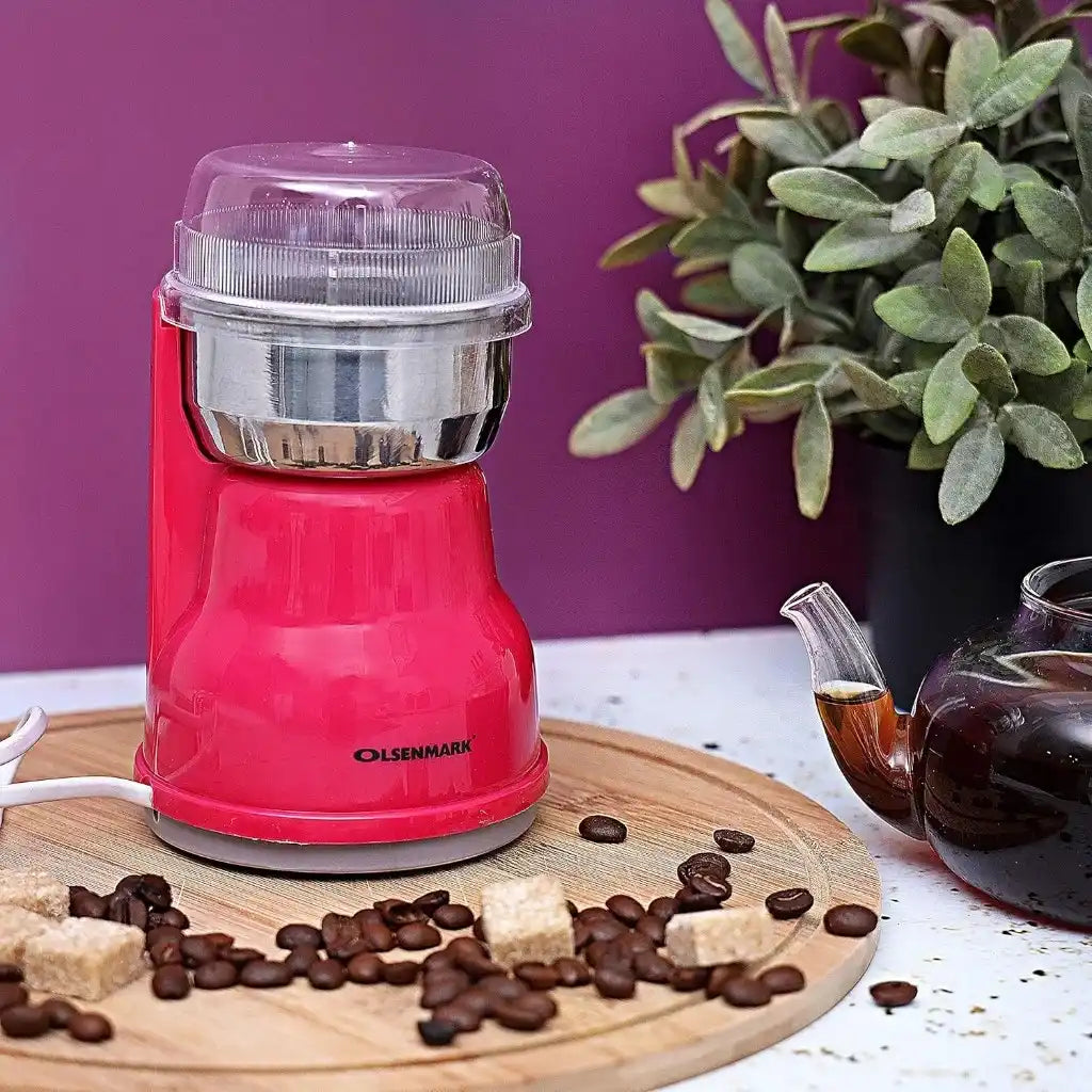 Olsenmark Electric Coffee Grinder – 200W Stainless Steel Blade & Bowl, Detachable Grinding Cup, Multi-Use Grinder for Coffee, Spices, and Dried Fruits – Pink/Silver - OMCG2389 - Damoo