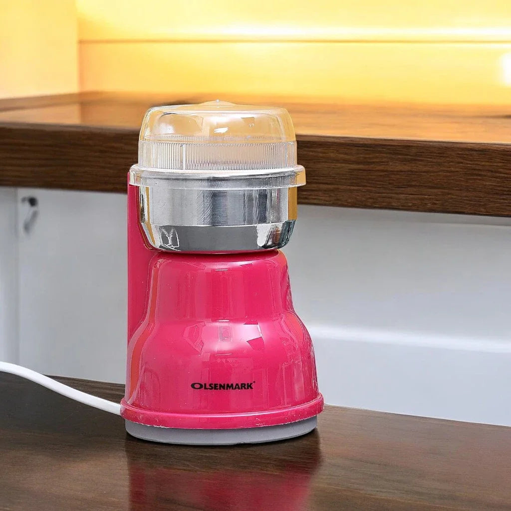 Olsenmark Electric Coffee Grinder – 200W Stainless Steel Blade & Bowl, Detachable Grinding Cup, Multi-Use Grinder for Coffee, Spices, and Dried Fruits – Pink/Silver - OMCG2389 - Damoo