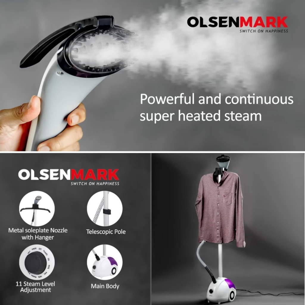 Olsenmark Garment Steamer β 1.8L Water Tank, 2000W Power, 45s Fast Heat-Up, Telescopic Pole, Clothes Hanger, Continuous Steam , OMGS1690N β Pink - Damoo