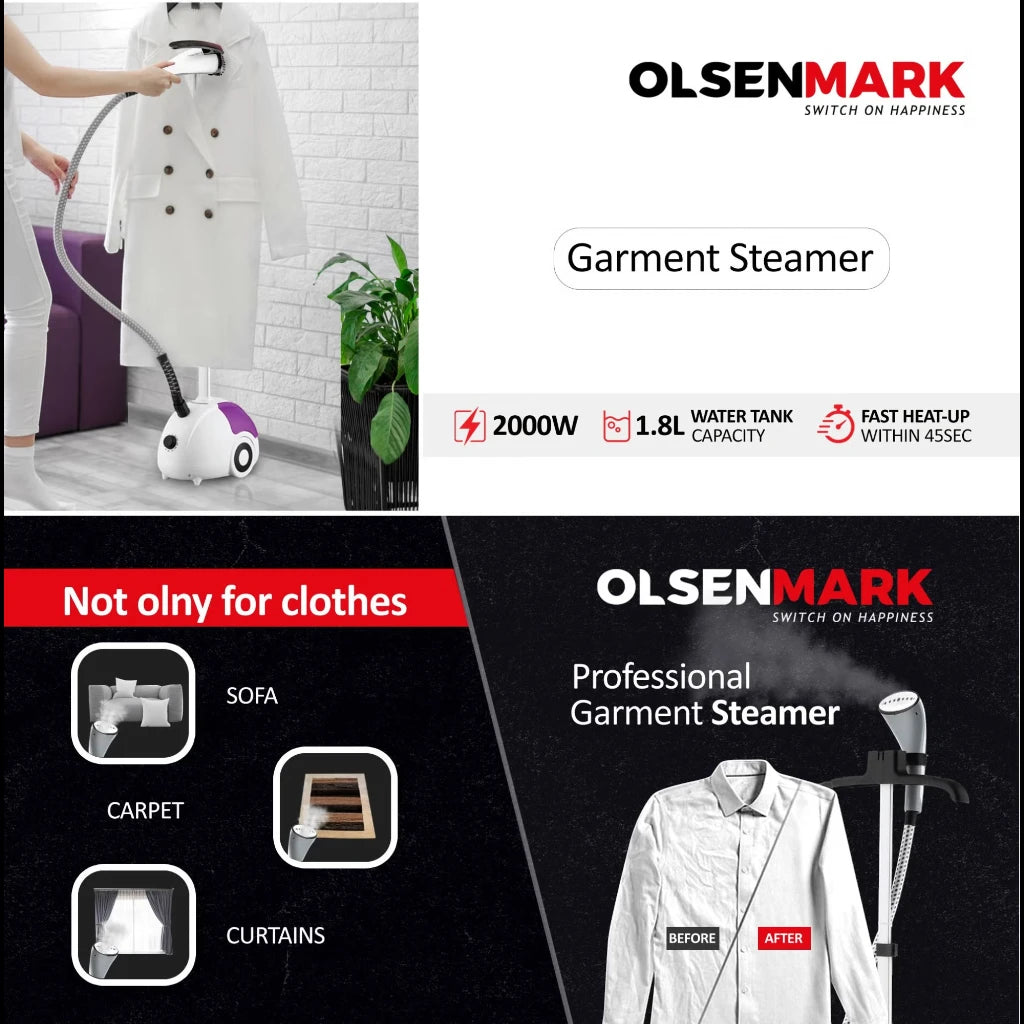Olsenmark Garment Steamer β 1.8L Water Tank, 2000W Power, 45s Fast Heat-Up, Telescopic Pole, Clothes Hanger, Continuous Steam , OMGS1690N β Pink - Damoo