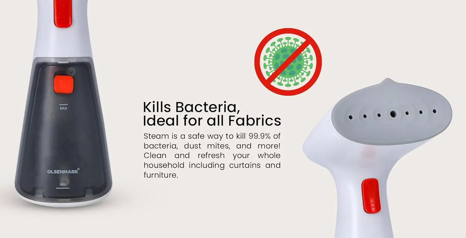Olsenmark OMGS1817 Handheld Garment Steamer – 1000W Portable Fabric Steamer with 120ml Tank, Anti-Leak & Overheat Protection – Travel Size Clothes Steamer for All Fabrics – White - Damoo