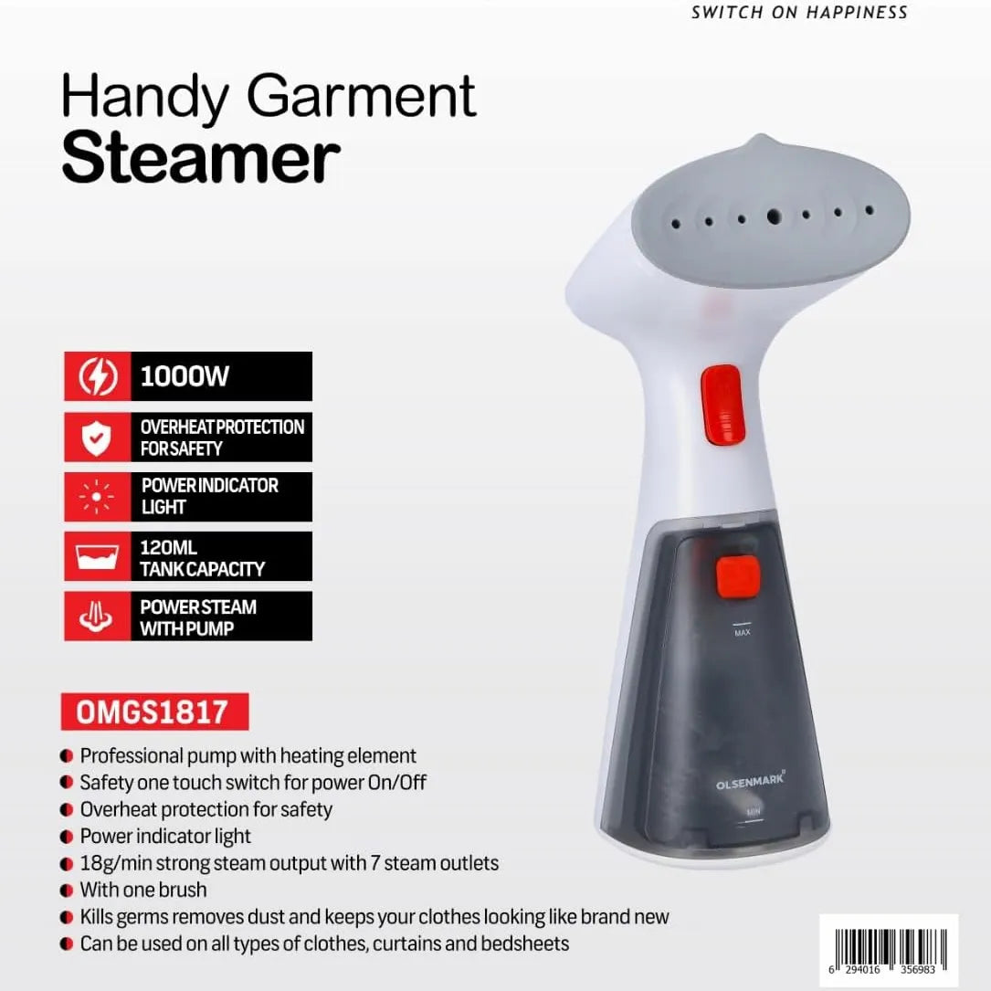 Olsenmark OMGS1817 Handheld Garment Steamer – 1000W Portable Fabric Steamer with 120ml Tank, Anti-Leak & Overheat Protection – Travel Size Clothes Steamer for All Fabrics – White - Damoo