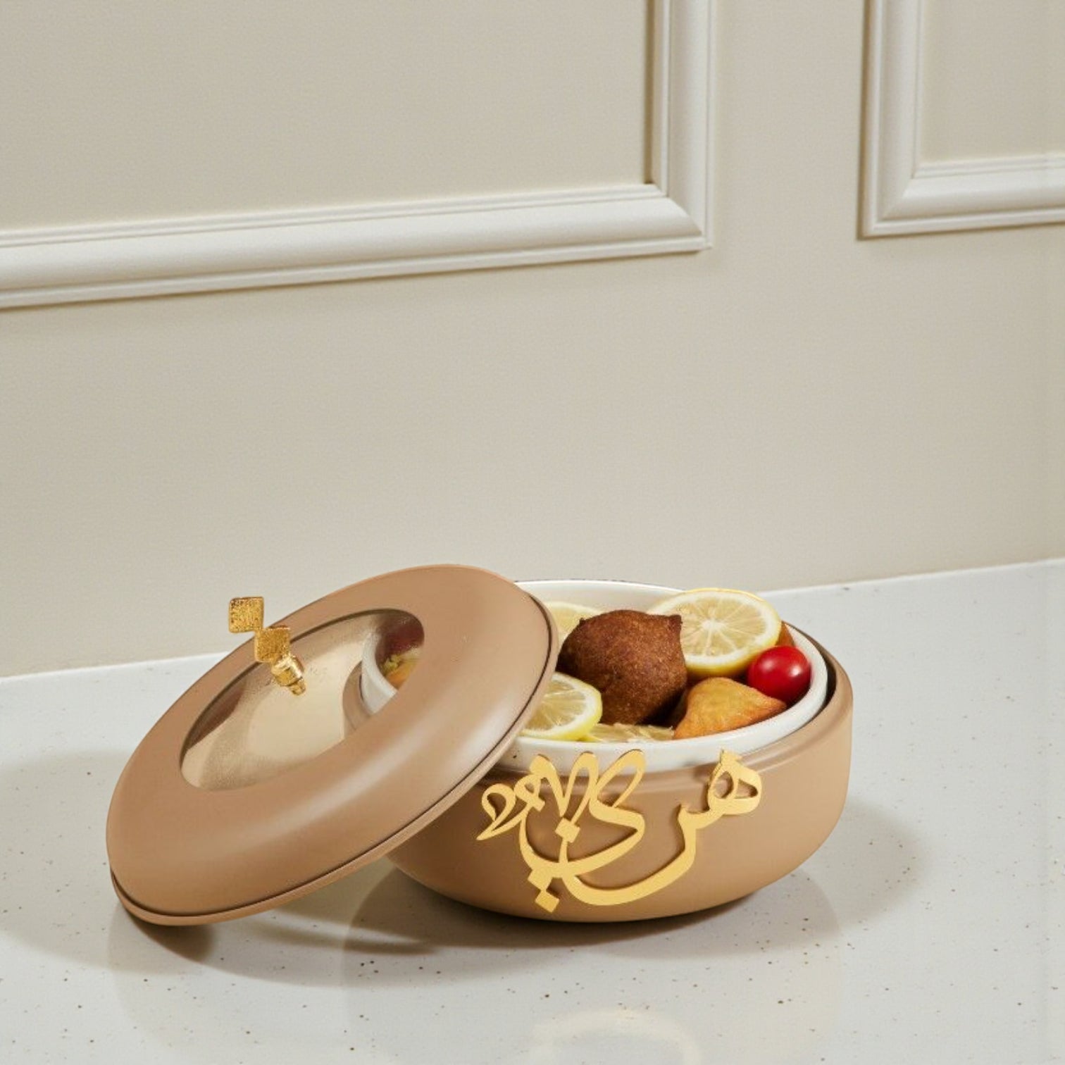 Diwan Premium Collection Elegant Food Warmer with Lid – Luxury Arabic Calligraphy Serving Dish for Hot Meals & Table Presentation - Damoo