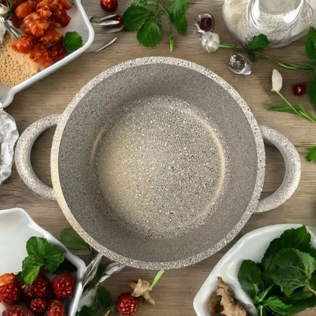 OZO Kitchenware 9-Piece Granite Non-Stick Casserole Set – Durable PTFE Non-Stick Coating, Stylish Granite Look, Heavy-Duty Die-Cast Construction, Ideal for Everyday Cooking - Damoo
