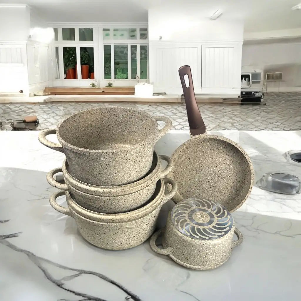 OZO Kitchenware 9-Piece Granite Non-Stick Casserole Set – Durable PTFE Non-Stick Coating, Stylish Granite Look, Heavy-Duty Die-Cast Construction, Ideal for Everyday Cooking - Damoo