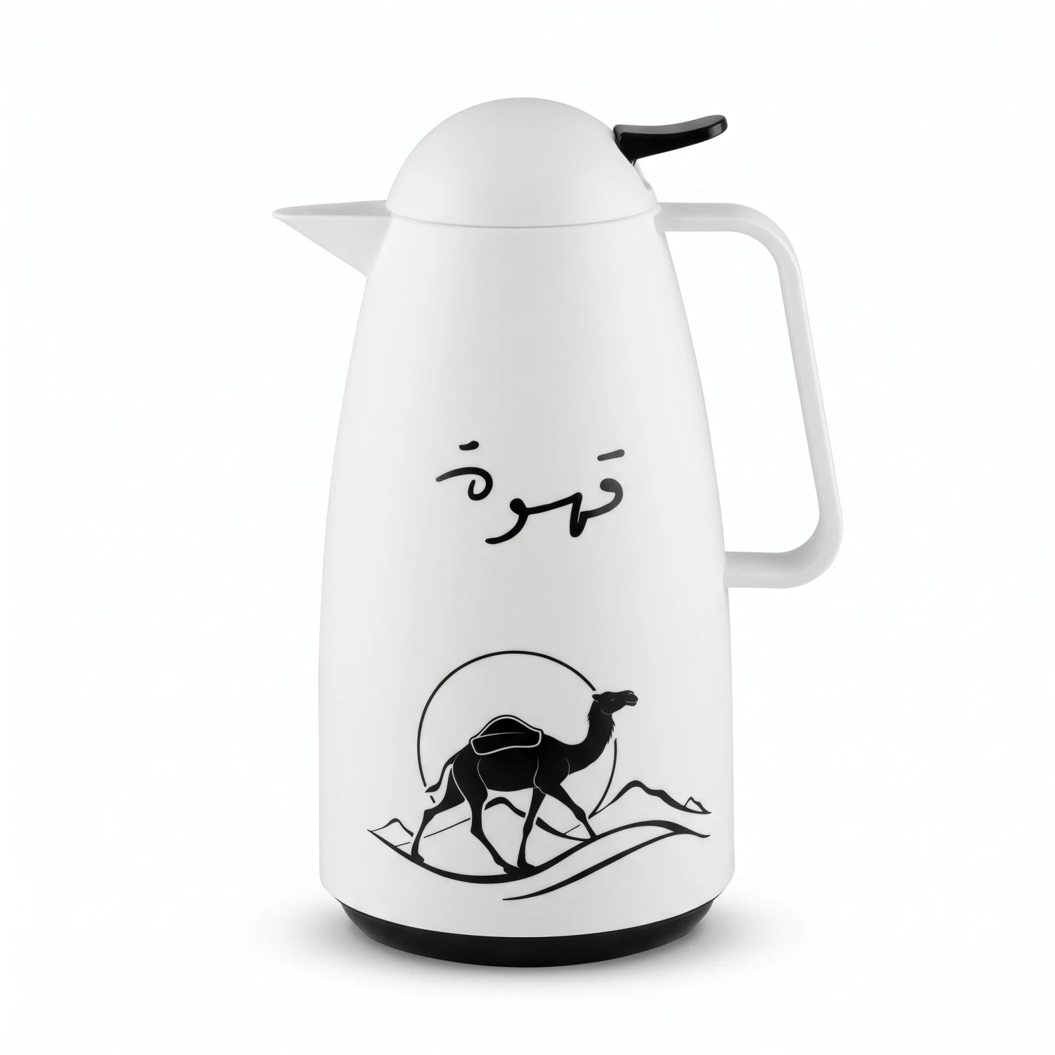 Crystal House White Vaccum Flask 1 Liter – Black Desert & Camel Artwork, Qahwa Calligraphy, Leak Proof