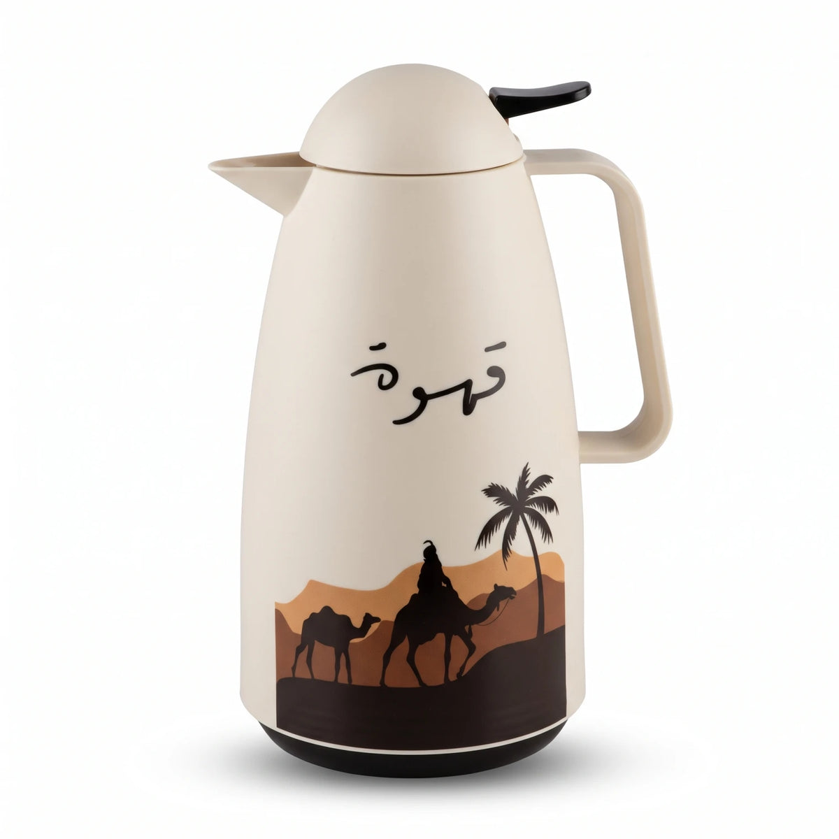 Crystal House cream - colored vaccum flask, 1 Liter | Qahwa Calligraphy, Desert Palm and Camel Artwork | Leak-Proof Tea and Coffee Flask