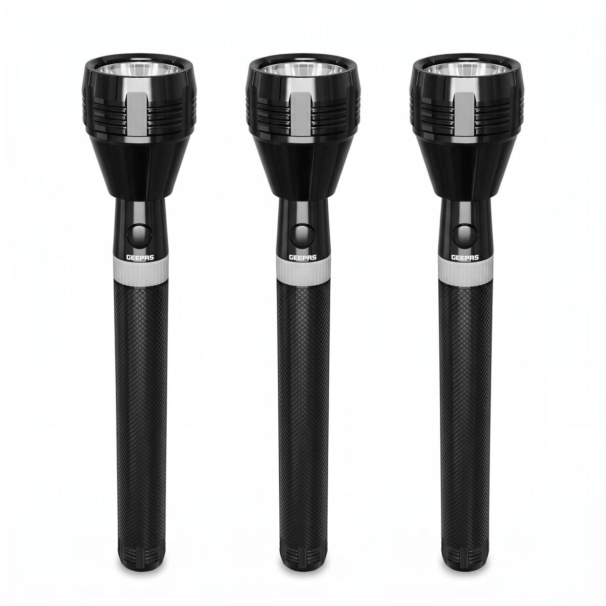 GEEPAS 3pcs Rechargeable LED Flashlight Set – Black Torch Lights with Textured Grip and Push Button for Everyday Lighting Use
