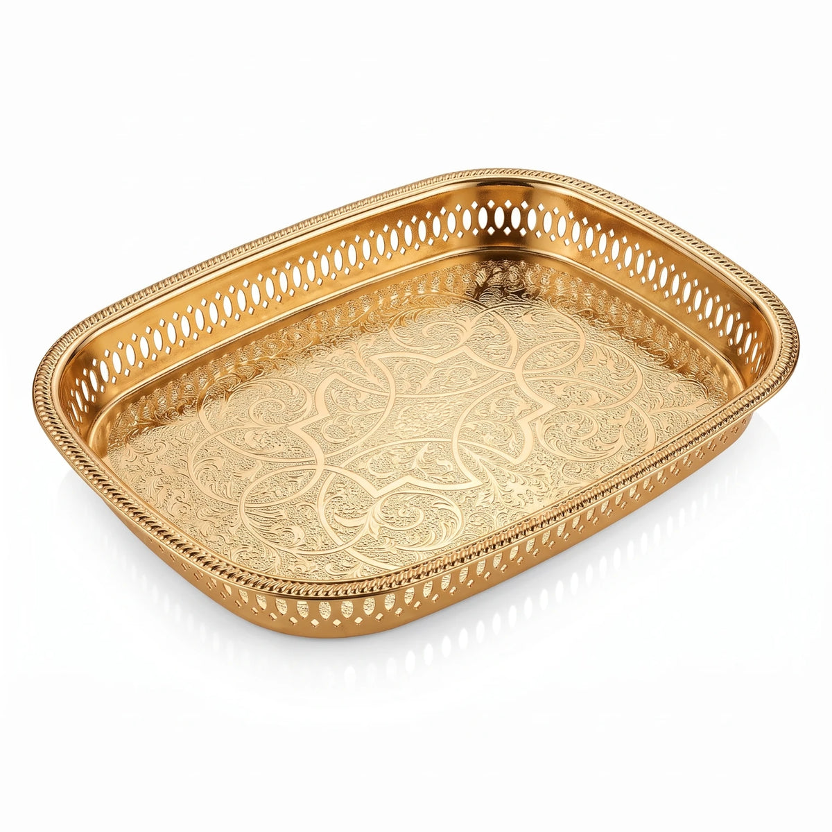 Najib Golden Rectangular Metal Serving Tray – 30 x 23 x 4 cm | Engraved Floral Center | Pierced Openwork Rim