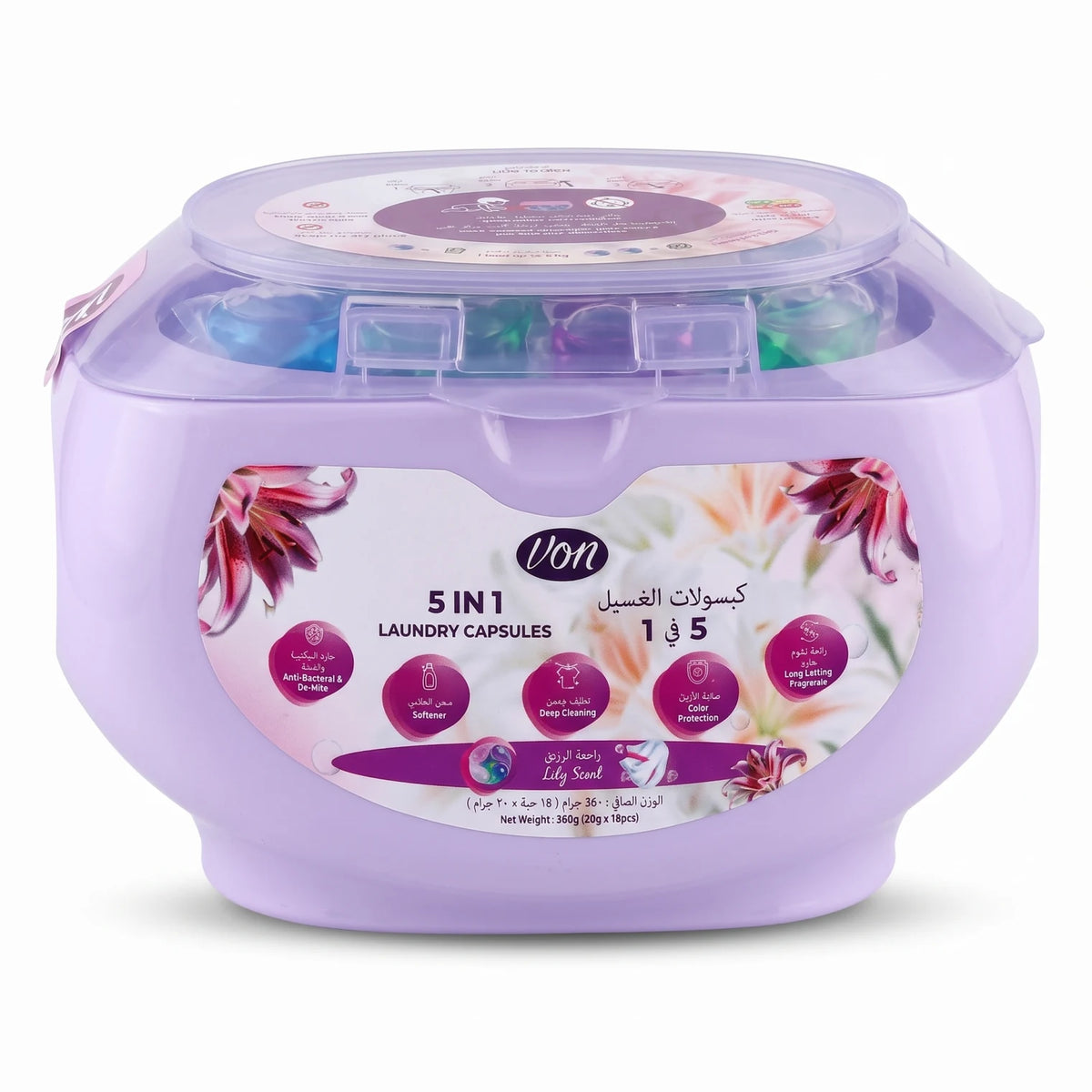 VON 5 IN 1 Laundry Capsules, Lily Scent, 18 Pieces x 20g (360g) | Deep Cleaning, Softener, Color Protection, Anti-Bacterial & De-Mite