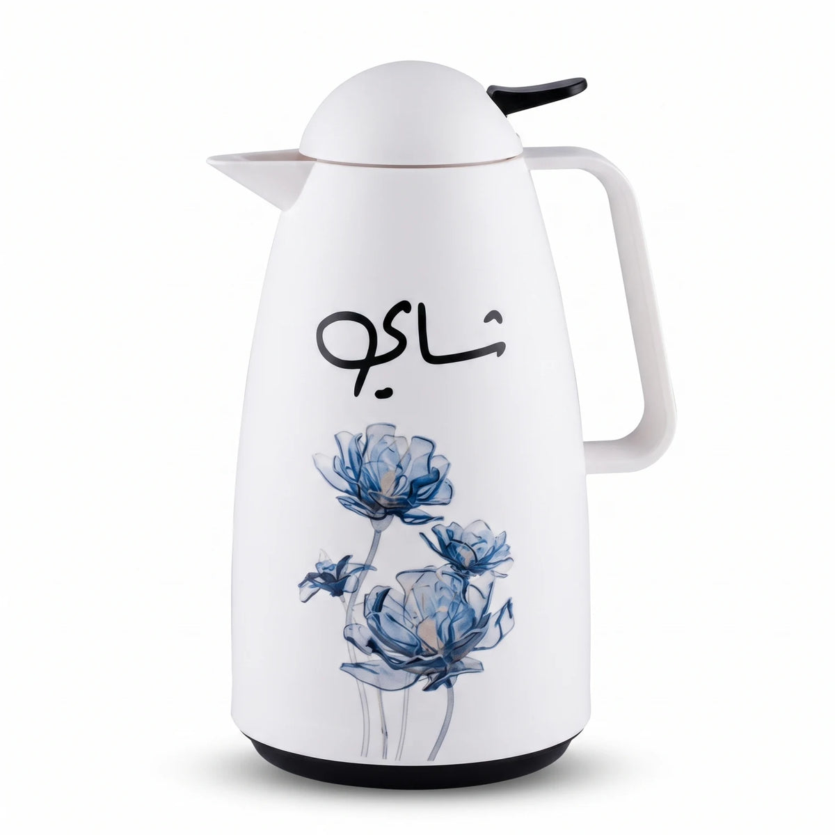 Crystal House Vacuum Flask 1 Liter – Blue Floral Design, Arabic Chai Calligraphy, Leak-Proof Tea & Coffee Flask