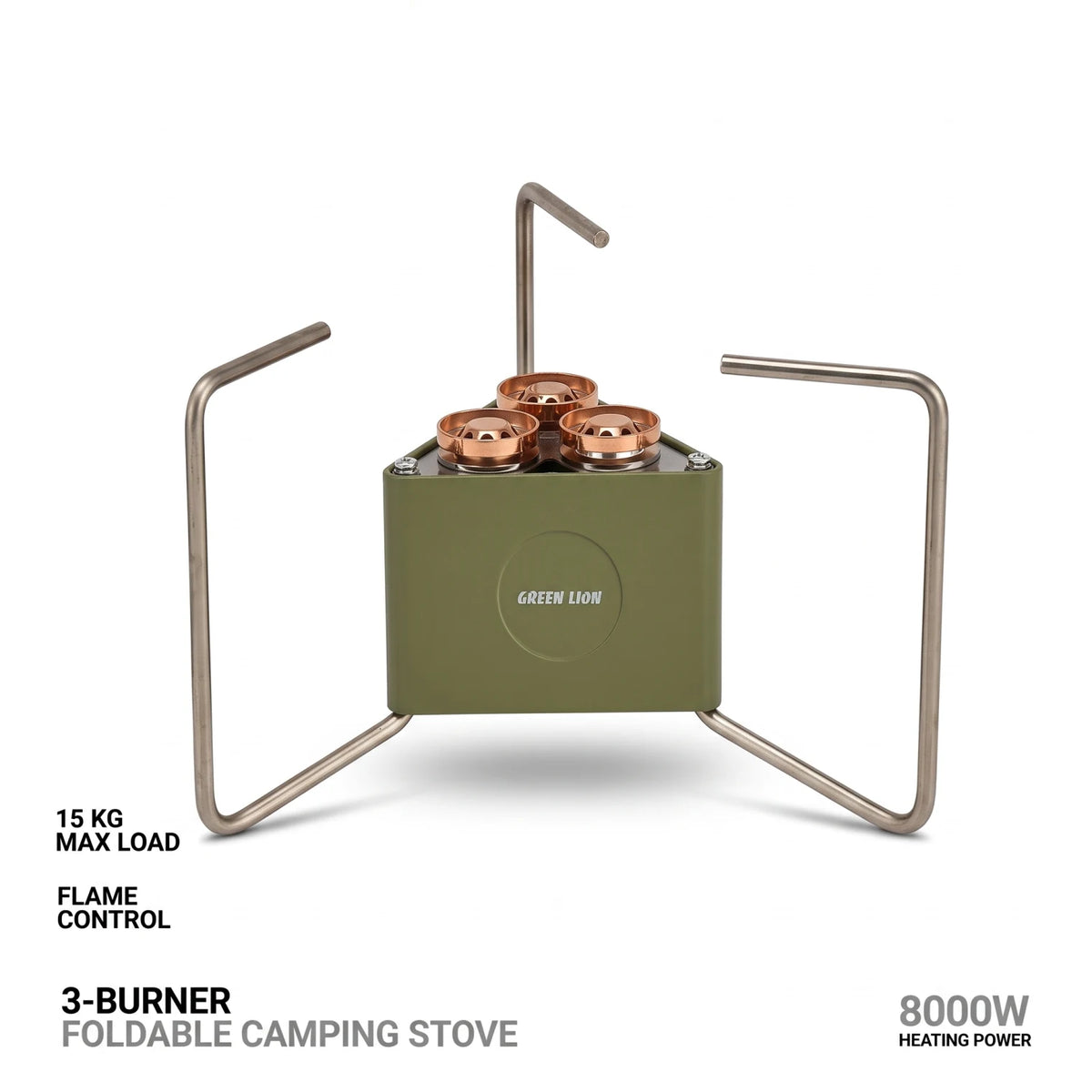 Green Lion 3-Burner Foldable Camping Stove – 8000W Heating Power, 15 kg Max Load, Flame Control, Portable Outdoor Cooking Cooker