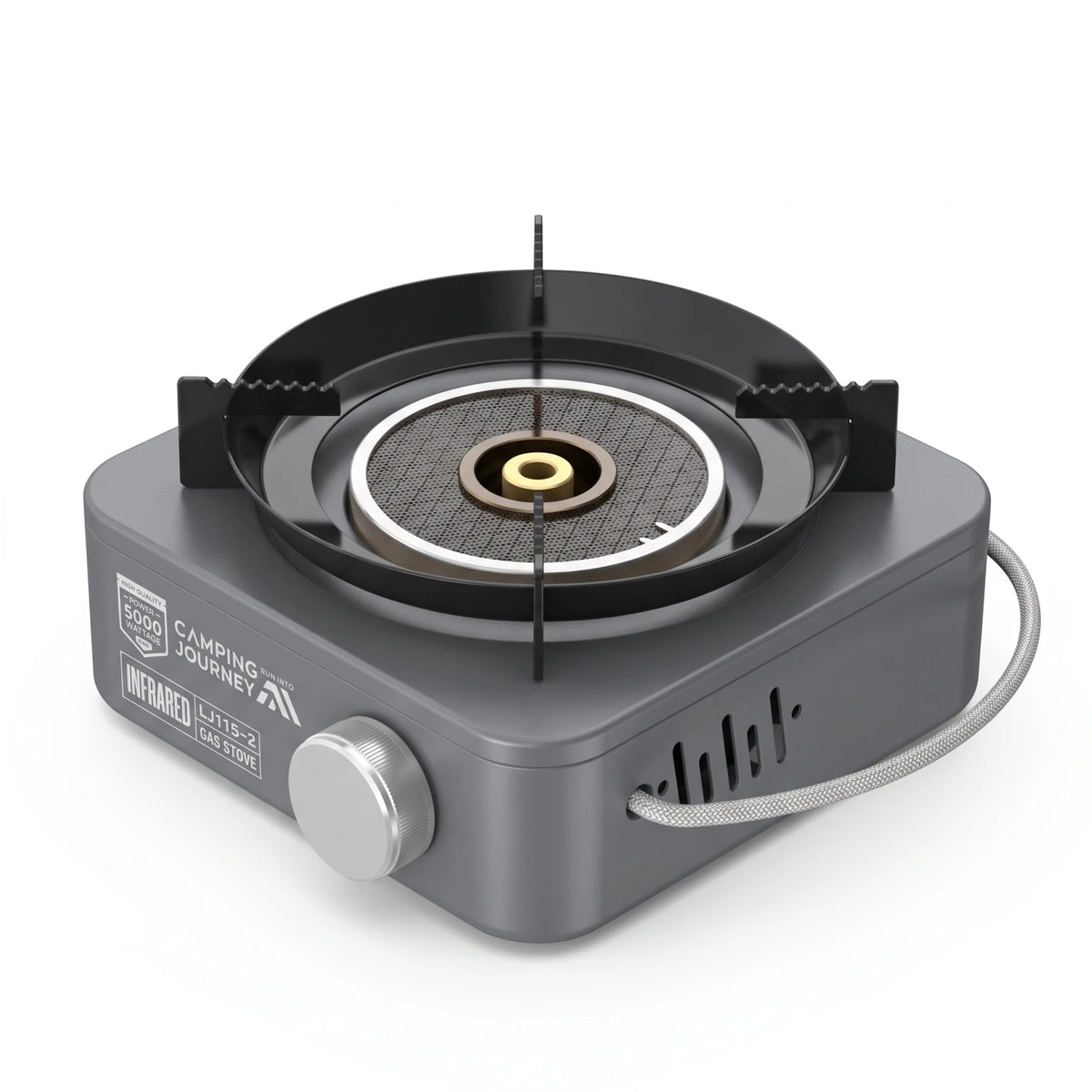CAMPING JOURNEY Infrared Gas Stove LJ115-2 – Single Burner, 5000 Wattage, Control Knob, Pot Supports and Carry Handle, Gray and Black