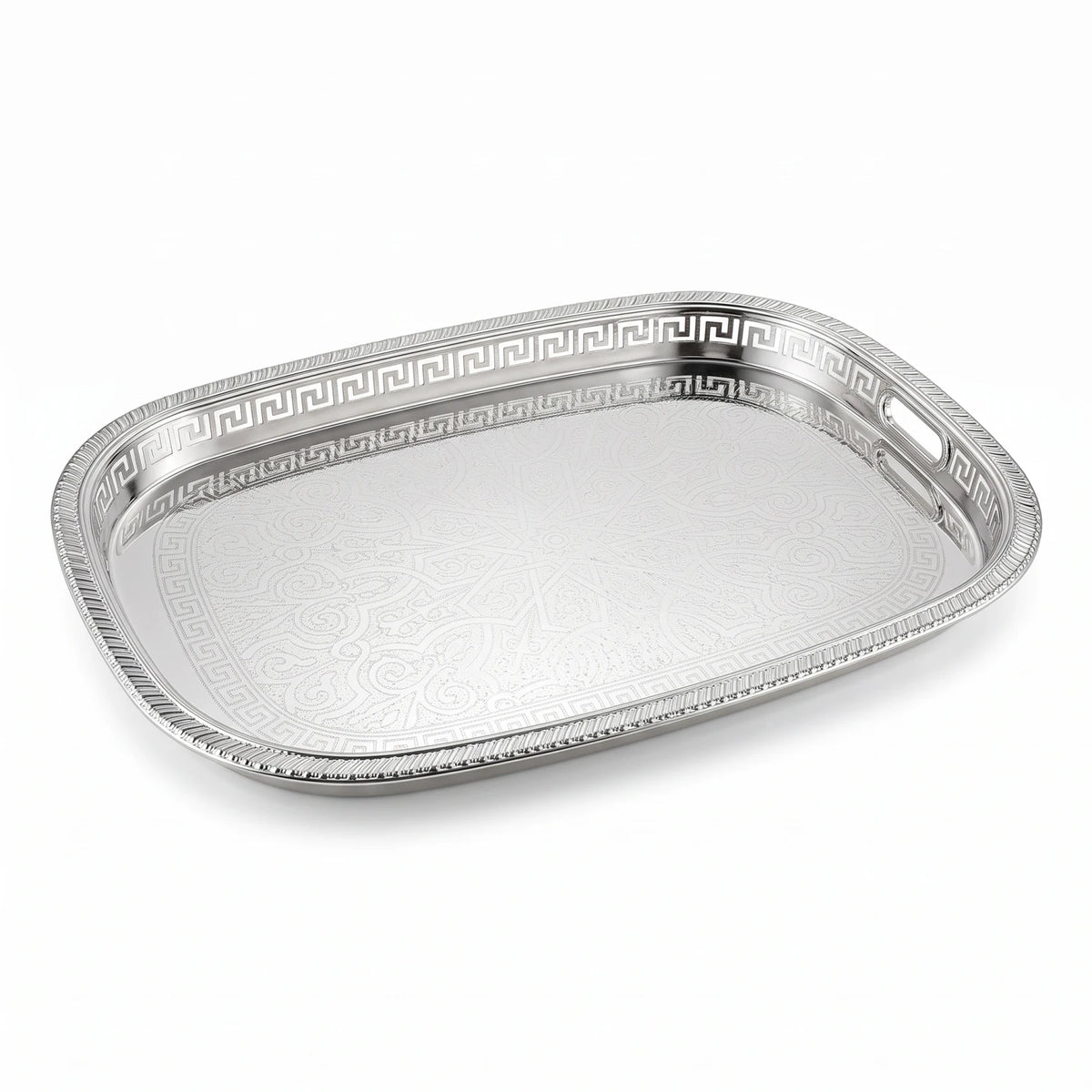 M.E.W Luxury Metal Serving Tray with Mirrored Center – Small, Medium or Large | Silver or Gold | Engraved Greek Key Border - Silver / Medium - Image 1