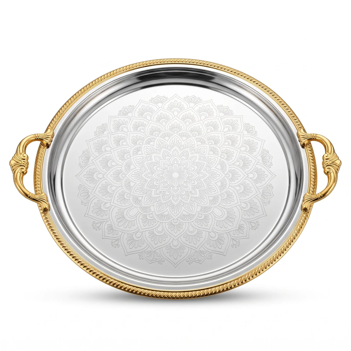 M.E.W Round Stainless Steel Serving Tray – Large & Extra Large | Mandala Floral Pattern | Decorative Handles | Silver, Gold & Silver - Gold - Silver - Gold / Large - Image 1