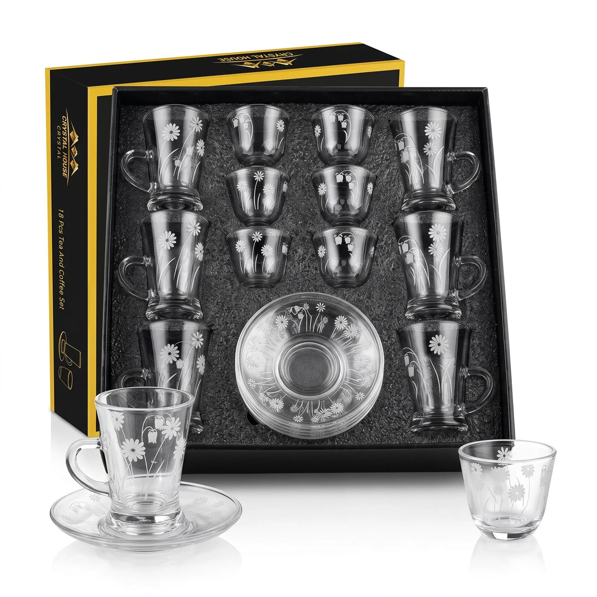 LITAIRE Crystal House 18-Piece Glass Tea & Arabic Coffee Set – 6 Tea Cups, 6 Saucers, 6 Coffee Cups with Floral Design and Presentation Box